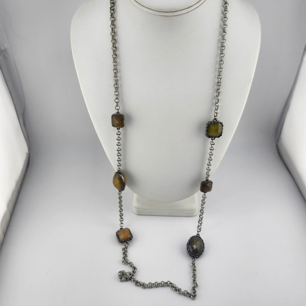 Ann Taylor LOFT Long Chain Necklace Silver Tone with Brown & Green Stones